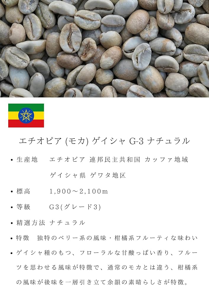 エチオピア】モカ・ゲイシャ ナチュラル コーヒー生豆 10kg